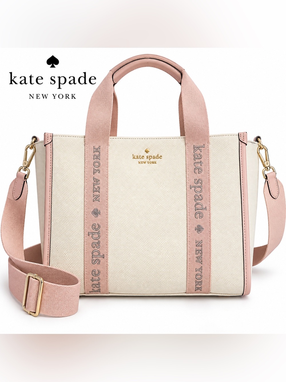 kate spade White & Light Pink Canvas Tote with Logo Straps